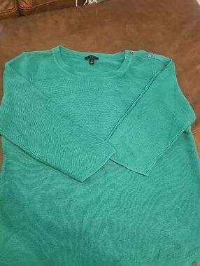 Talbots Green Knit Crewneck Sweater with Button Shoulder Detail